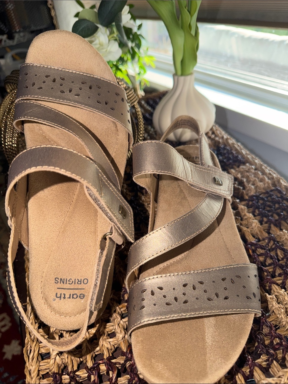 Earth Origins Metallic Taupe Strappy Comfort Sandals